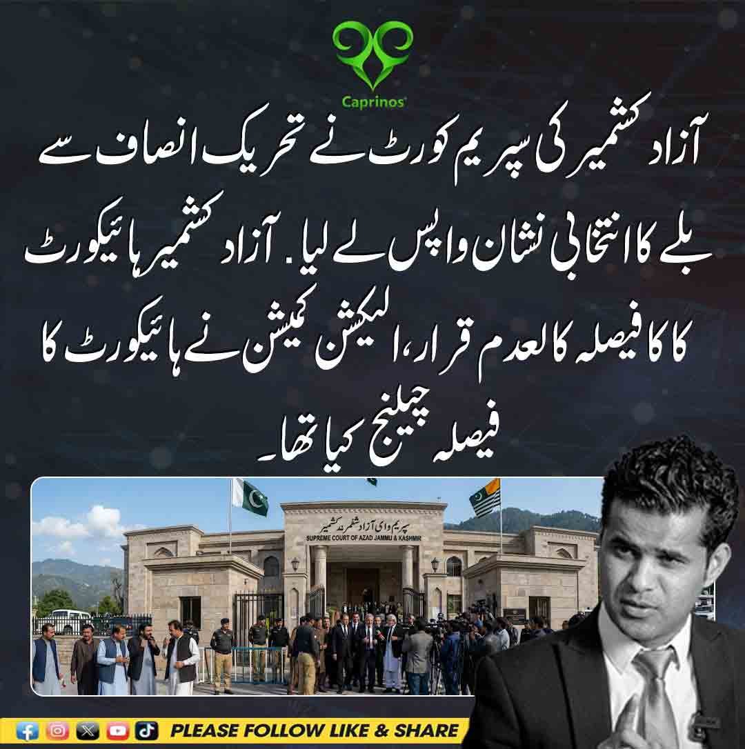 آزاد کشمیر سپریم کورٹ کا پی ٹی آئی سے بلے کا انتخابی نشان واپس لینے اور ہائیکورٹ فیصلہ کالعدم قرار دینے کا حکم۔