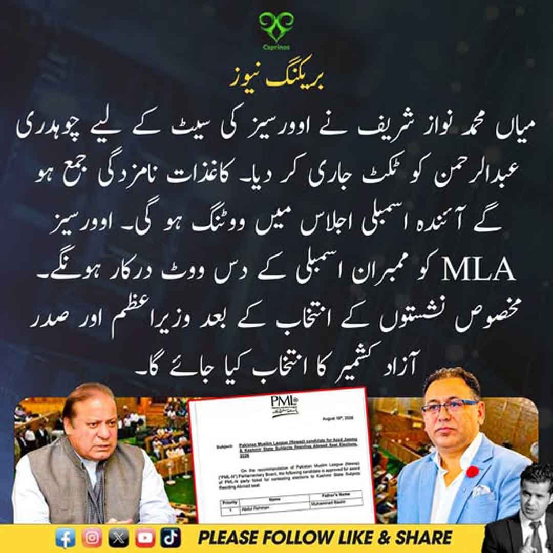 چوہدری عبدالرحمن کو اوورسیز نشست کے لیے ٹکٹ جاری کرنے سے متعلق بریکنگ نیوز۔