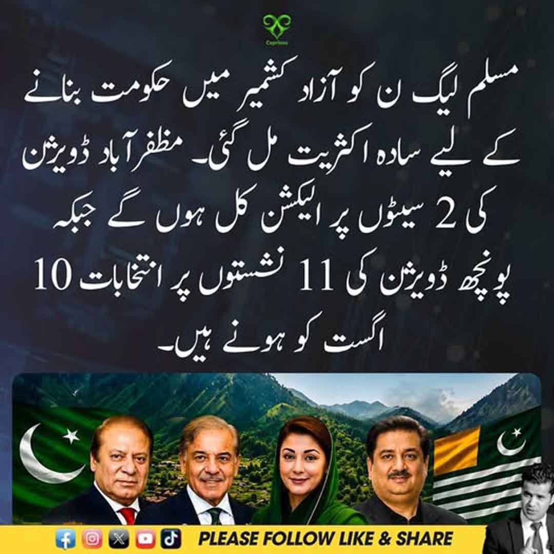 آزاد کشمیر انتخابات میں مسلم لیگ (ن) کی سادہ اکثریت اور باقی نشستوں سے متعلق نمائشی تصویر۔