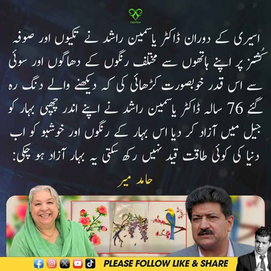 ڈاکٹر یاسمین راشد کی کڑھائی اور حامد میر کا بیان